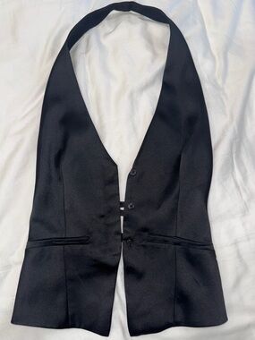 Zara Black Satin Halter Button-Up Vest with Back Lace and Faux Pockets